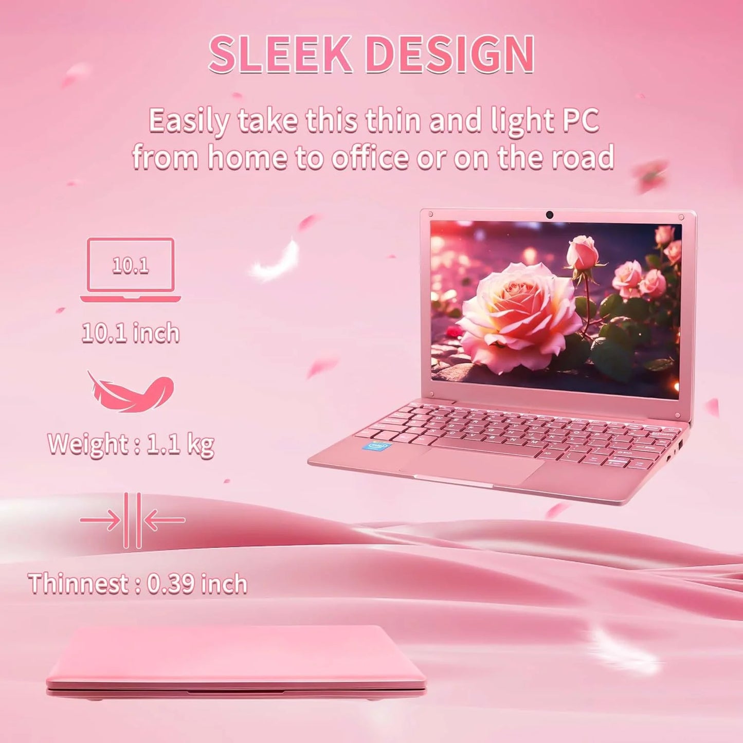 10.1-inch Portable Mini Pink Laptop Computer, DDR4 8GB RAM, 256GB SSD, Celeron N4000, Built-in Webcam, Notebook With WiFi, HDMI, Bluetooth, Type-C Charging, Easy to Carry