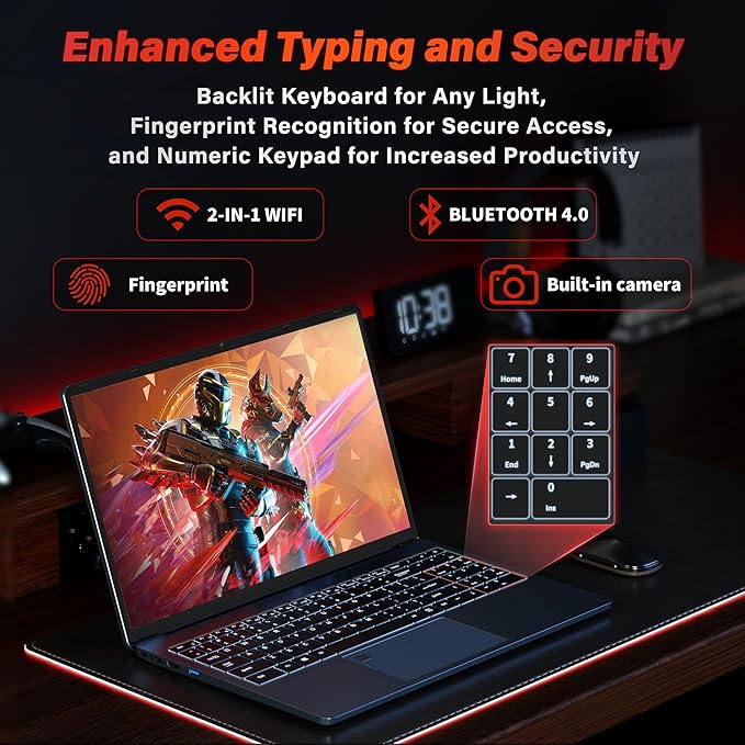 Ultra-Slim 15.6'' FHD Gaming Laptop, In tel N95, Nvidia GTX 1060 4GB,16G RAM 512G SSD, Win 11 Pro – High-Performance Notebook with HDMI, Type-C, RJ45 Ethernet, Wi-Fi, BT, Backlit KB,Fingerprint