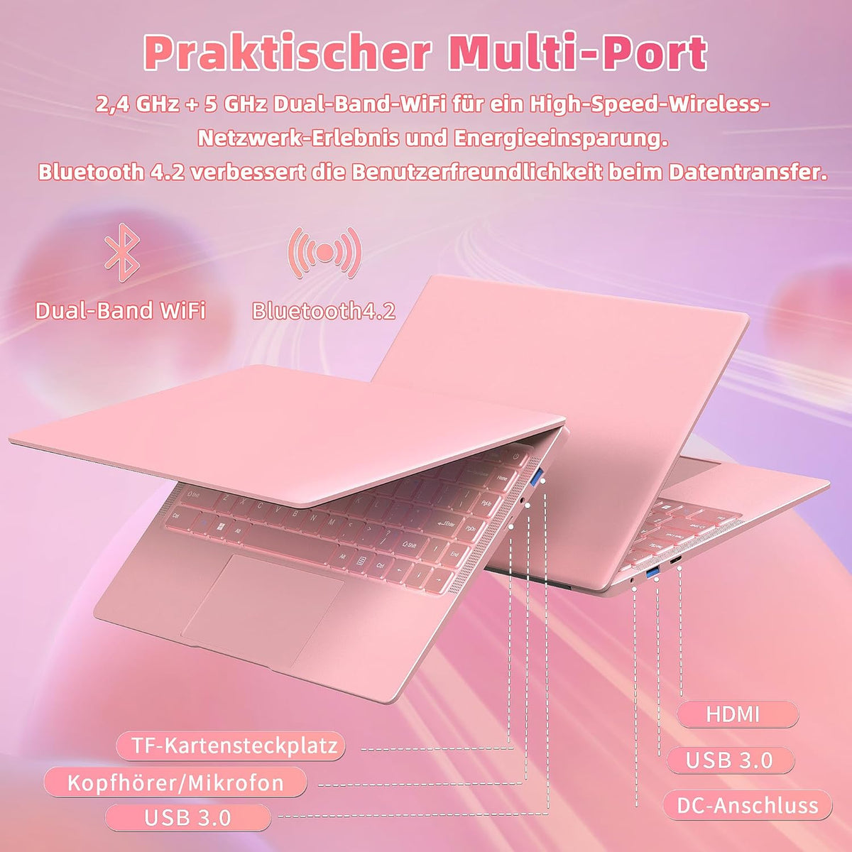 Rumtuk 14-inch Rose Gold Laptop, 8GB LPDDR4 RAM, 256GB SSD,Win 11 Pro FHD IPS, 180° Hinge, Webcam, TF Card Slot,Mouse & Mouse Pad Bundle, Ultra Light-2.76lb Notebook for Home Office Study Play,Pink