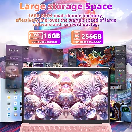16" Rose Gold Laptop, Celeron N5105 CPU, DDR4 16GB RAM 256GB/512GB/1T SSD, FHD IPS Display, Backlit KB,Fingerprint Unlock, USB 3.0, HDMI, WiFi/BT, Perfect for Work, Study and Play! (Rose Gold)