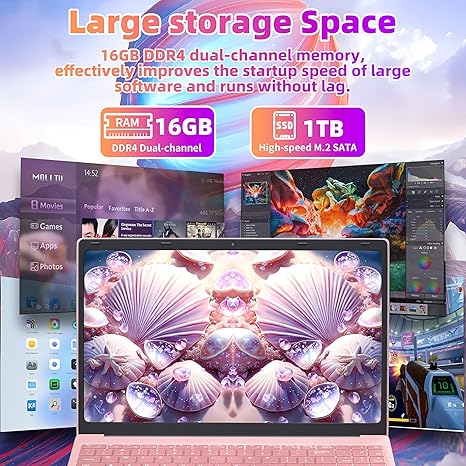 16" Rose Gold Laptop, Celeron N5105 CPU, DDR4 16GB RAM 256GB/512GB/1T SSD, FHD IPS Display, Backlit KB,Fingerprint Unlock, USB 3.0, HDMI, WiFi/BT, Perfect for Work, Study and Play! (Rose Gold)
