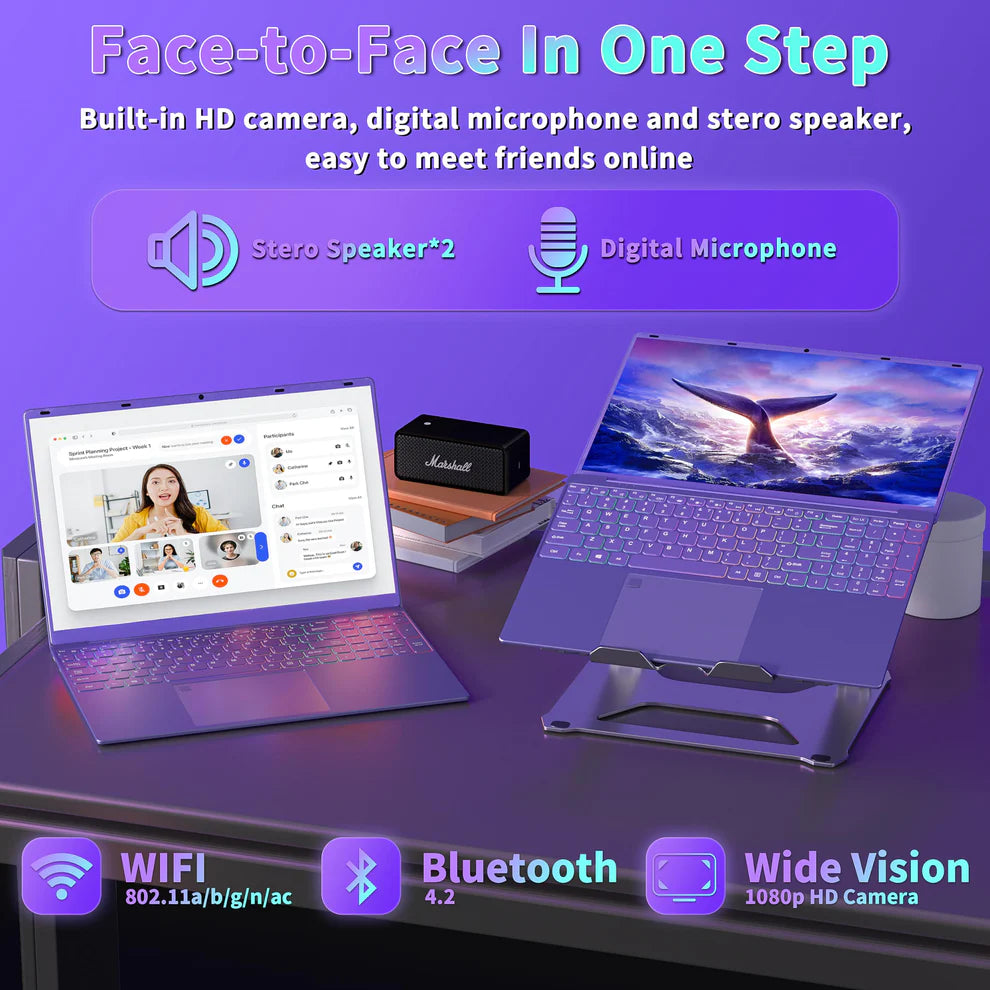 Rumtuk Purple Laptop, 16" FHD IPS, 12th Gen Alder lake N95,LPDDR5 12GB RAM,NVME 512GB SSD,Long Battery Life, Windows 11 Pro/Microsoft Office 2019/Fingerprint Unlock/Color Backlit KB/HDMI/USB-C(12GB RAM | 512GB SSD)