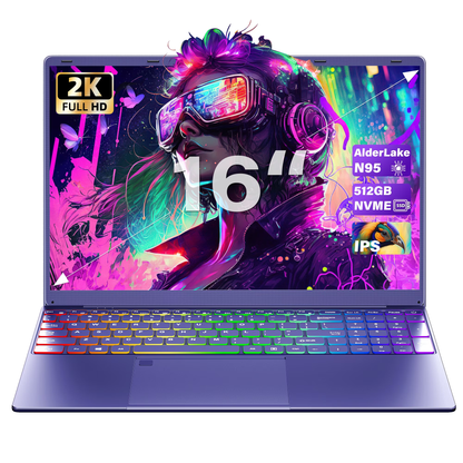 Rumtuk Purple Laptop, 16" FHD IPS, 12th Gen Alder lake N95，DDR4 16GB RAM,NVME 512GB SSD,Long Battery Life, Windows 11 Pro/Microsoft Office 2019/Fingerprint Unlock/Color Backlit KB/HDMI/USB-C(12GB RAM | 512GB SSD)