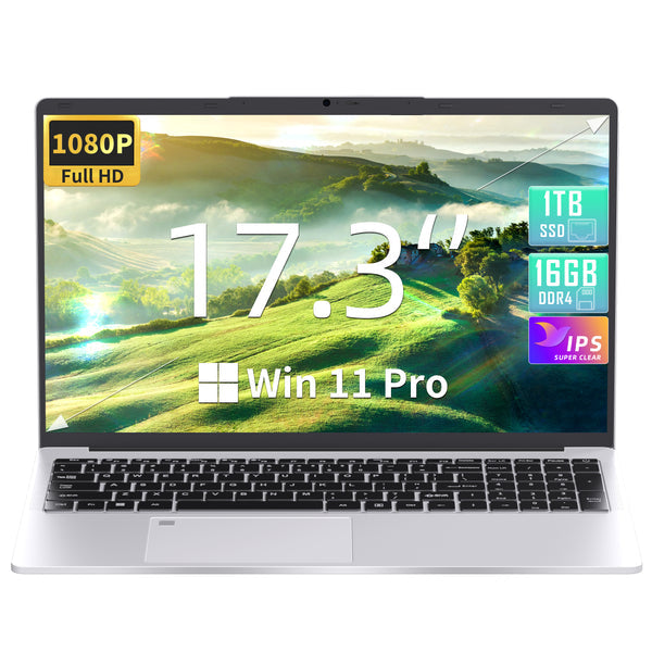 Rumtuk Laptop,17.3" FHD Display, Celeron N5095(Up to 2.9GHz) Windows 11 Pro/Microsoft Office 2019/Fingerprint Unlock/Backlit KB/HDMI/USB-C/Wi-Fi6,Thin&Light,Silver(16G+1TB)