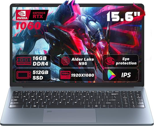 Ultra-Slim 15.6'' FHD Gaming Laptop, In tel N95, Nvidia GTX 1060 4GB,16G RAM 512G SSD, Win 11 Pro – High-Performance Notebook with HDMI, Type-C, RJ45 Ethernet, Wi-Fi, BT, Backlit KB,Fingerprint