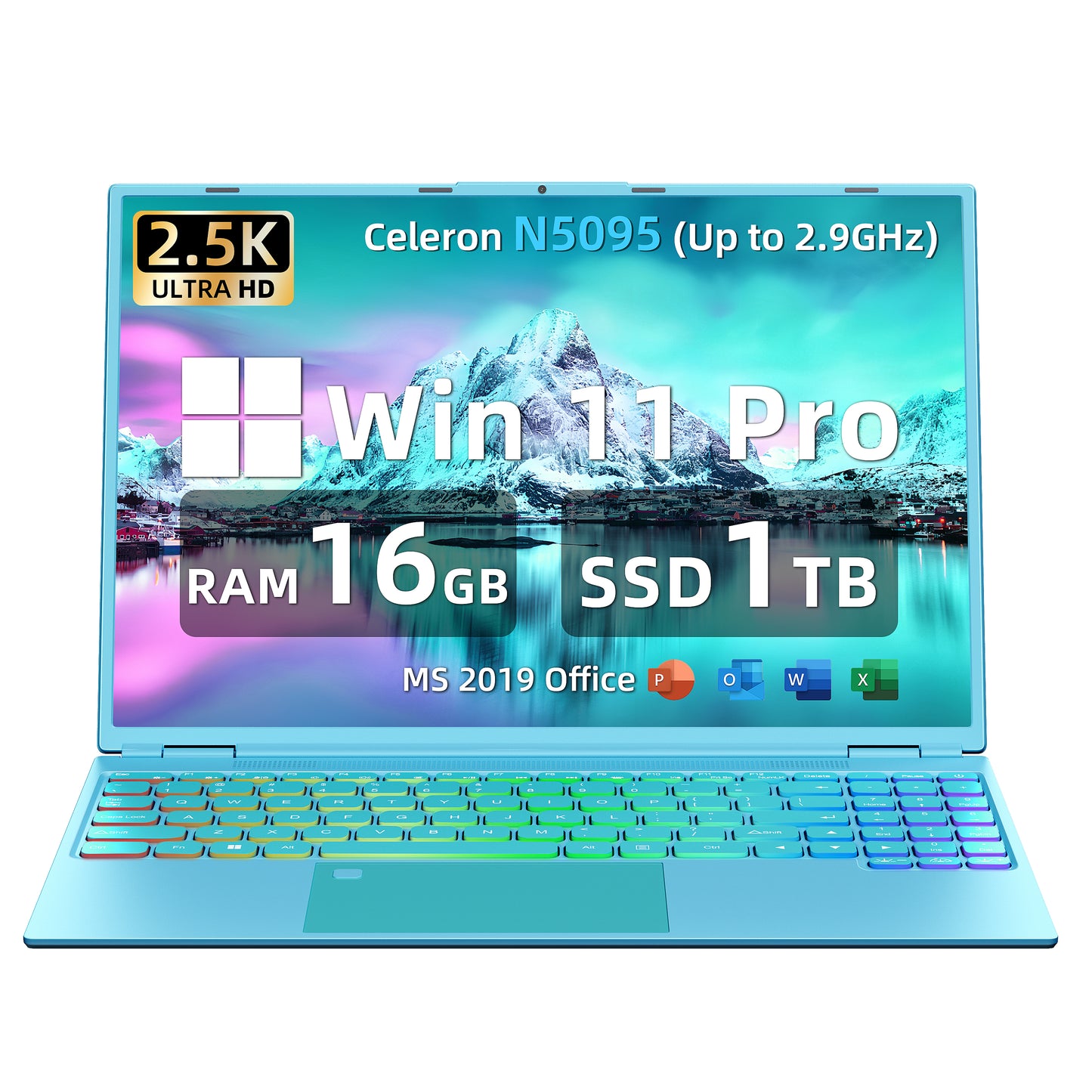 16" Blue Laptop,Ultra-Narrow bezels 2.5K QHD(2560x1600) IPS,Celeron N5095,16G RAM 256GB/512GB/1TB SSD, Color Backlit KB, Fingerprint,Type-C/HDMI/WiFi/HDD Expand, Win 11 PC for Business Study (Blue)