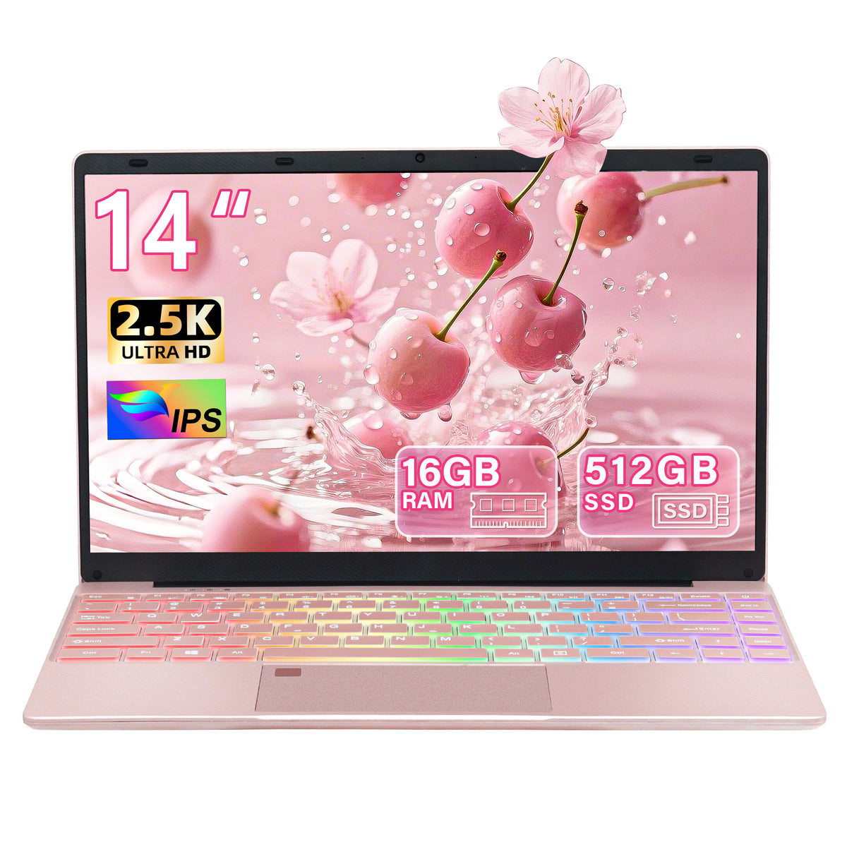14" Rose Gold Laptop with 2.5K UHD (2560x1440) IPS Display, Celeron N95 CPU, DDR4 16G RAM, 512G SSD, Color Backlit KB, Fingerprint Reader, WIFI,Thin and Portable Notebook PC, Pink