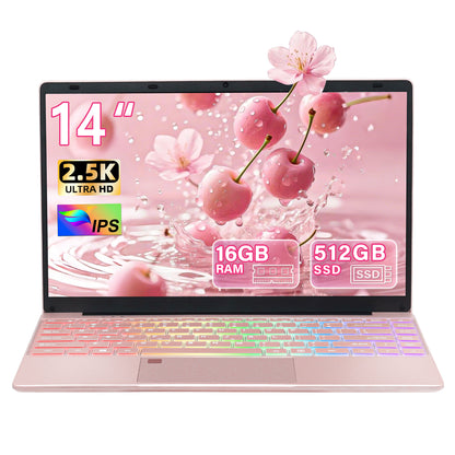 14" Rose Gold Laptop with 2.5K UHD (2560x1440) IPS Display, Celeron N95 CPU, DDR4 16G RAM, 512G SSD, Color Backlit KB, Fingerprint Reader, WIFI,Thin and Portable Notebook PC, Pink