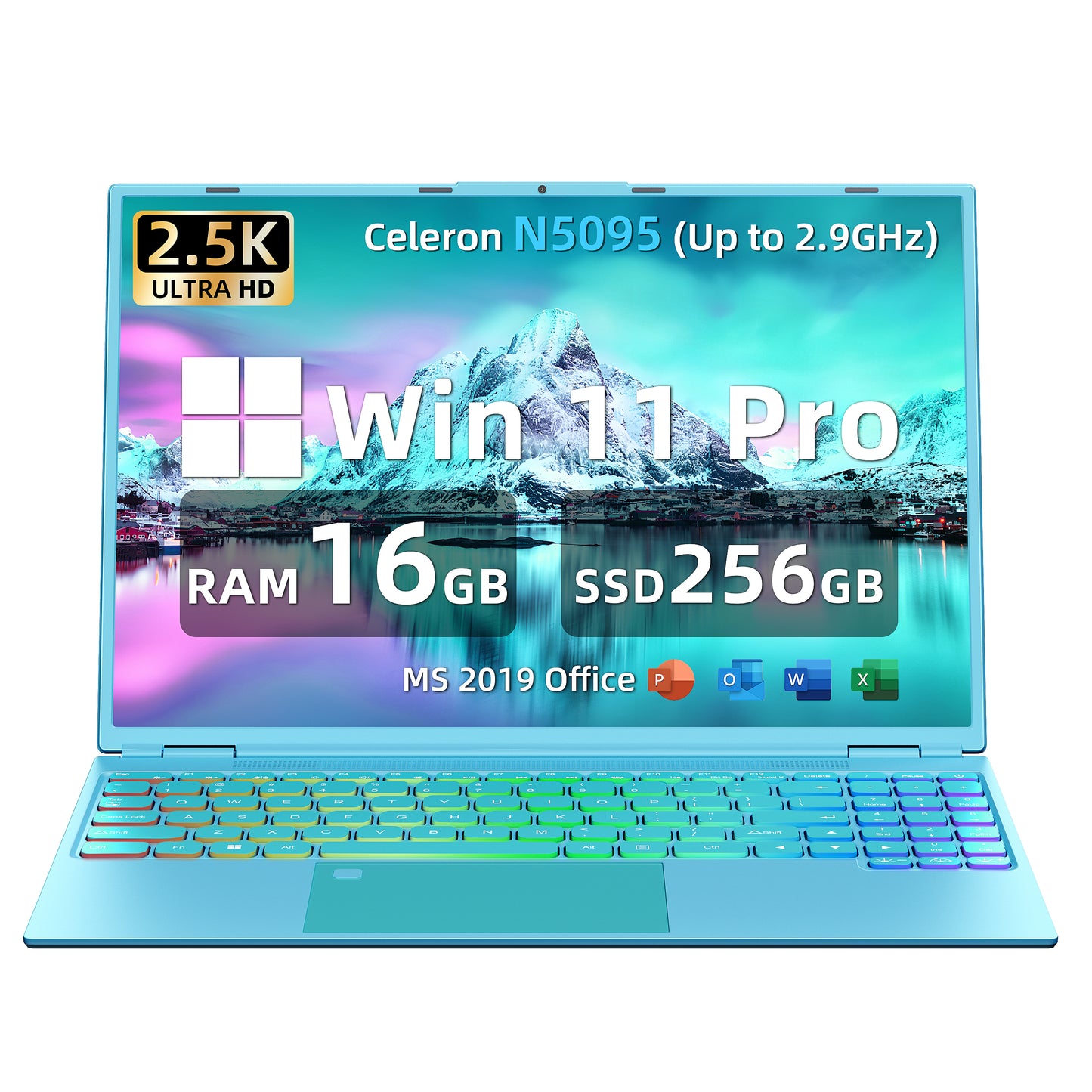 16" Blue Laptop,Ultra-Narrow bezels 2.5K QHD(2560x1600) IPS,Celeron N5095,16G RAM 256GB/512GB/1TB SSD, Color Backlit KB, Fingerprint,Type-C/HDMI/WiFi/HDD Expand, Win 11 PC for Business Study (Blue)