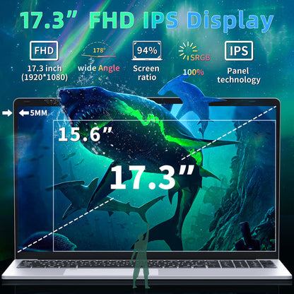 Rumtuk Laptop,17.3" FHD Display, Celeron N5095(Up to 2.9GHz) Windows 11 Pro/Microsoft Office 2019/Fingerprint Unlock/Backlit KB/HDMI/USB-C/Wi-Fi6,Thin&Light,Silver(16G+1TB)