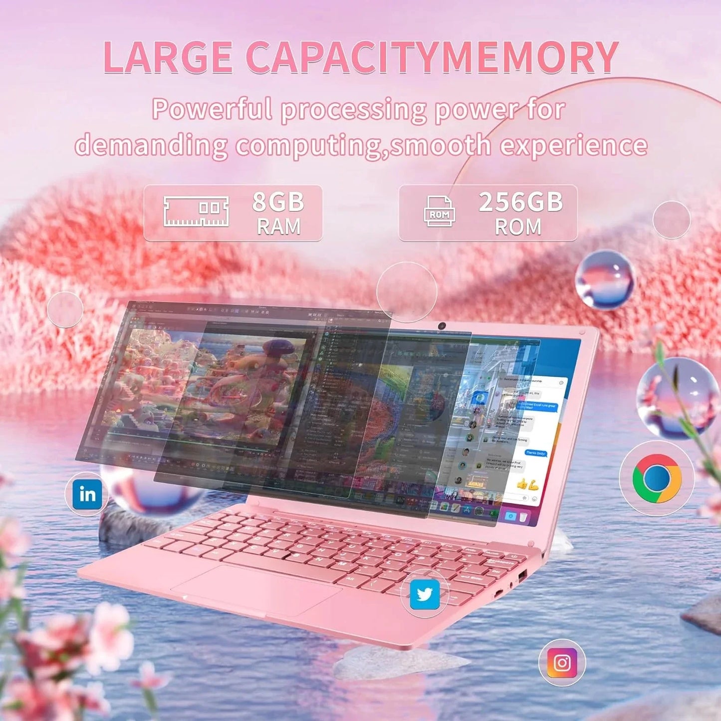 10.1-inch Portable Mini Pink Laptop Computer, DDR4 8GB RAM, 256GB SSD, Celeron N4000, Built-in Webcam, Notebook With WiFi, HDMI, Bluetooth, Type-C Charging, Easy to Carry