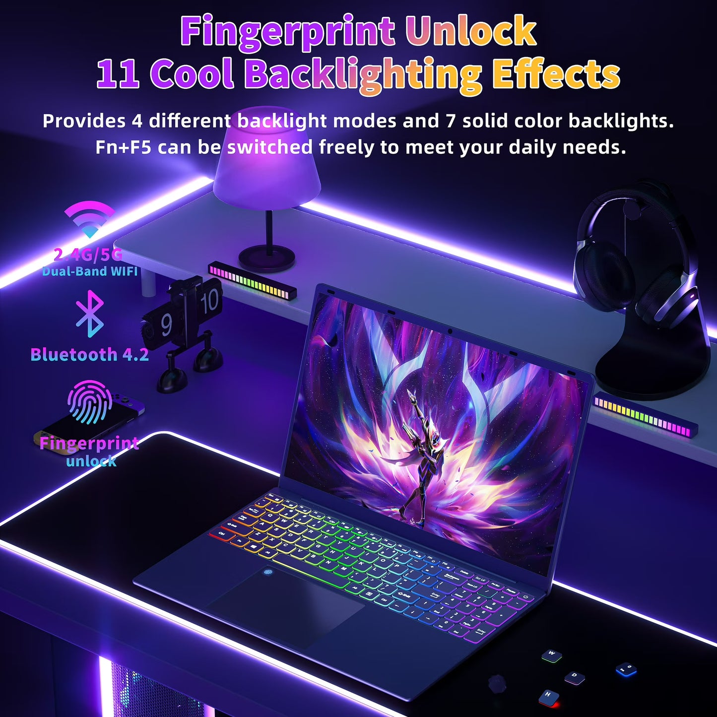 Rumtuk 16 inch Purple Laptop, LPDDR4 16G RAM, 512GB NVMe SSD, 2K FHD IPS, Win 11 Pro/Office 2019, Celeron N95 CPU , Color Backlit KB, Finger Print, USB3.0, WIFI, Gaming PC Notebook for Work Study