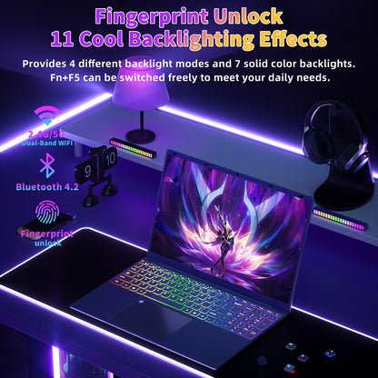 Rumtuk 16 inch Purple Laptop, LPDDR4 16G RAM, 512GB NVMe SSD, 2K FHD IPS, Win 11 Pro/Office 2019, Celeron N95 CPU , Color Backlit KB, Finger Print, USB3.0, WIFI, Gaming PC Notebook for Work Study