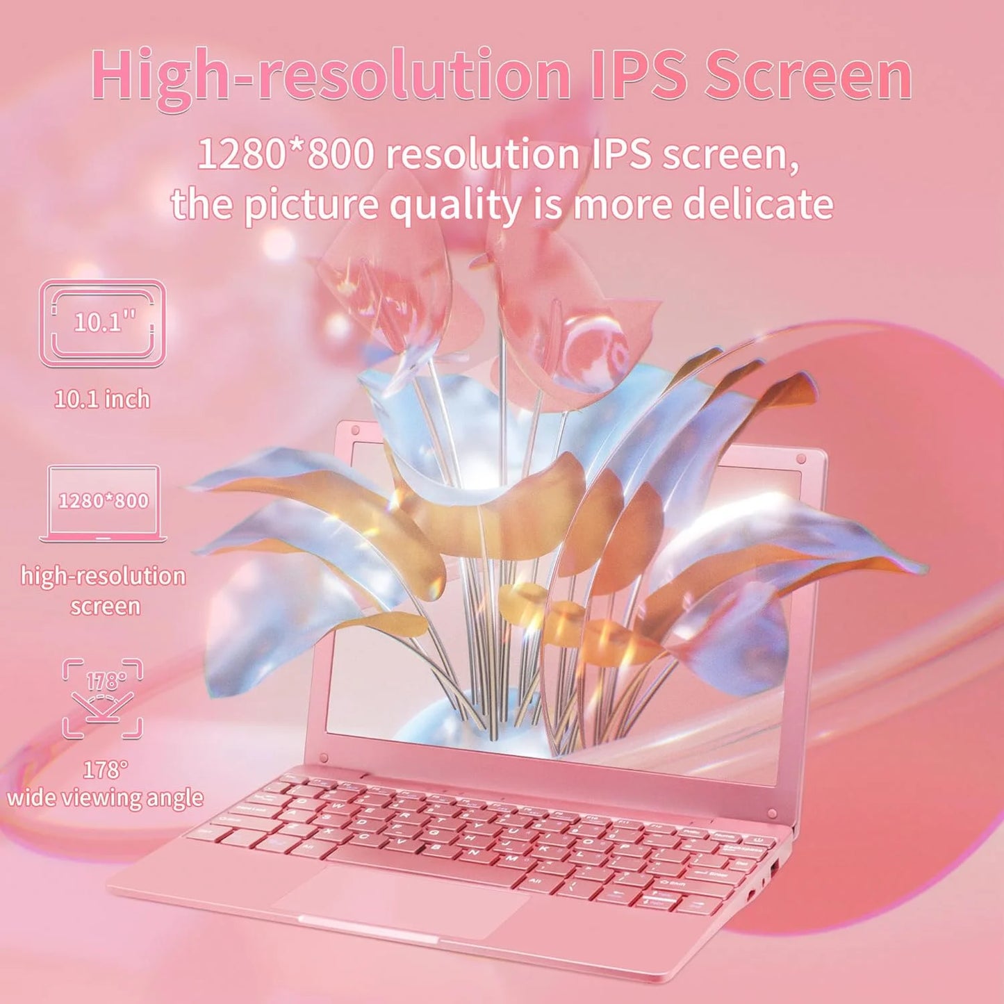10.1-inch Portable Mini Pink Laptop Computer, DDR4 8GB RAM, 256GB SSD, Celeron N4000, Built-in Webcam, Notebook With WiFi, HDMI, Bluetooth, Type-C Charging, Easy to Carry