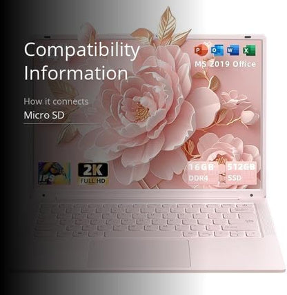 14''Pink Laptop 16GB DDR4 RAM 512GB SSD,2K UHD (2160 * 1440) IPS Display Laptop, In tel N150 CPU (Up to 3.6 Ghz) Win 11 Portable PC/WiFi 5,Type-C,3MP Camera,6000Mah,BT5.0,Fingerprint