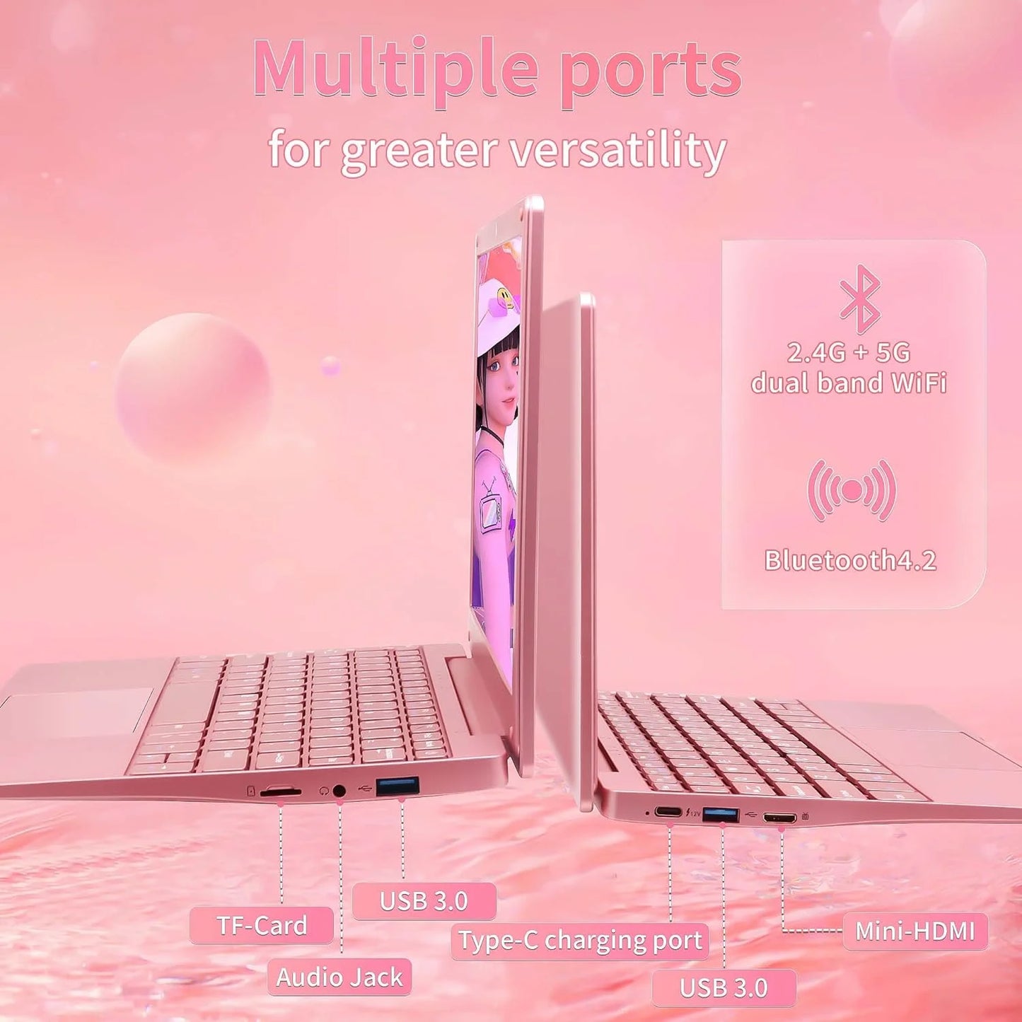 10.1-inch Portable Mini Pink Laptop Computer, DDR4 8GB RAM, 256GB SSD, Celeron N4000, Built-in Webcam, Notebook With WiFi, HDMI, Bluetooth, Type-C Charging, Easy to Carry