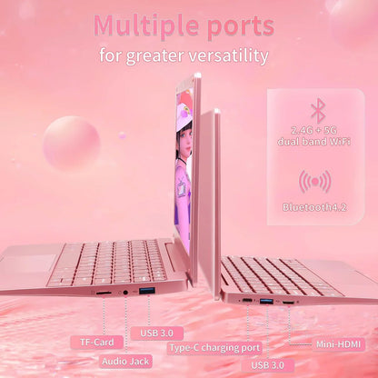 10.1-inch Portable Mini Pink Laptop Computer, DDR4 8GB RAM, 256GB SSD, Celeron N4000, Built-in Webcam, Notebook With WiFi, HDMI, Bluetooth, Type-C Charging, Easy to Carry