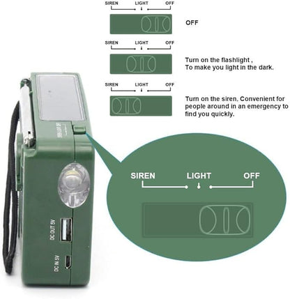 New Solar powered hand-cranked radio LED flashlights siren FM/AM Emergency Weather Radio with Rechargeable USB Phone Charger Suitable for hunting daily carrying camping hiking night riding (Green)