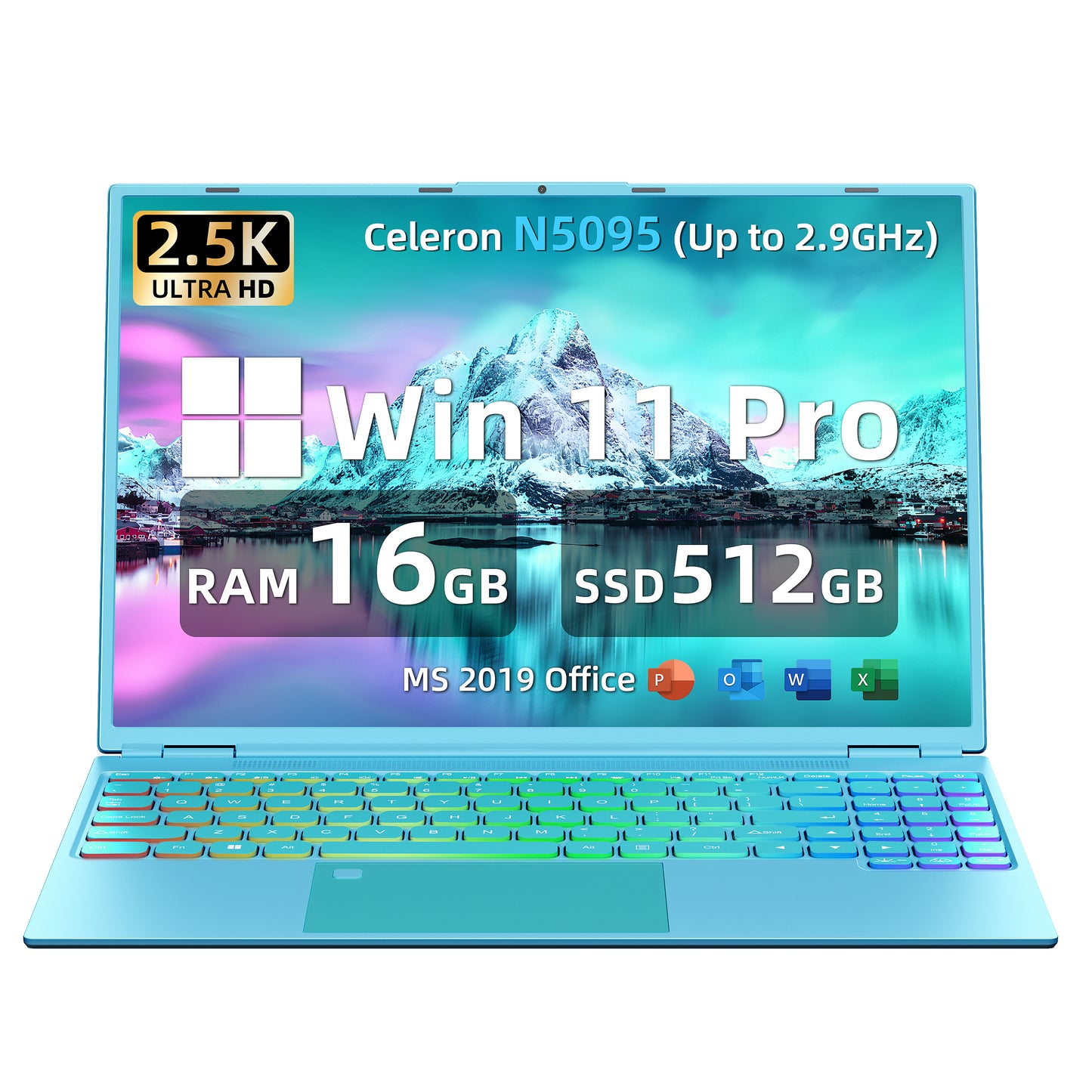 16" Blue Laptop,Ultra-Narrow bezels 2.5K QHD(2560x1600) IPS,Celeron N5095,16G RAM 256GB/512GB/1TB SSD, Color Backlit KB, Fingerprint,Type-C/HDMI/WiFi/HDD Expand, Win 11 PC for Business Study (Blue)