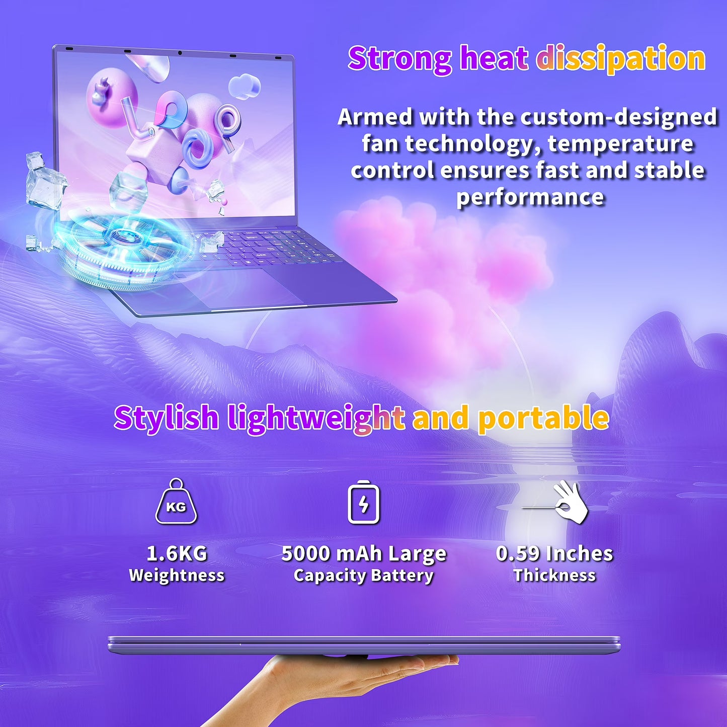 Rumtuk 16 inch Purple Laptop, LPDDR4 16G RAM, 512GB NVMe SSD, 2K FHD IPS, Win 11 Pro/Office 2019, Celeron N95 CPU , Color Backlit KB, Finger Print, USB3.0, WIFI, Gaming PC Notebook for Work Study