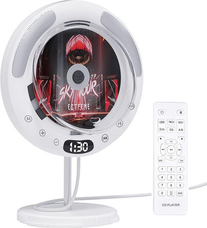 Rumtuk New Stand & Wall Mounted Portable CD Player with Bluetooth, High-Fidelity Dual Speaker, FM Radio, USB, CD, AUX Playback - Pull Wire Switch Design