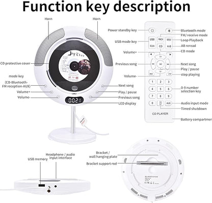 Rumtuk New Stand & Wall Mounted Portable CD Player with Bluetooth, High-Fidelity Dual Speaker, FM Radio, USB, CD, AUX Playback - Pull Wire Switch Design