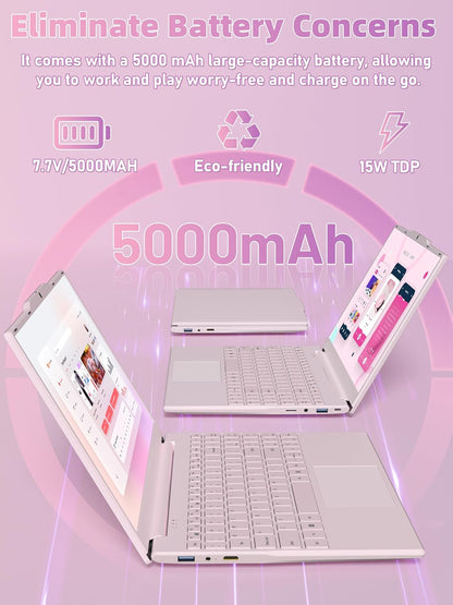 14" Pink Portable Laptop Computer, Office 2024, N5095 CPU,8GB RAM(Up to 64GB Expansion),256GB NVMe SSD,1920P FHD IPS Display,Win 11 Pro,Numeric Keypad,2.4/5G WiFi,BT4.2,for Student and Business