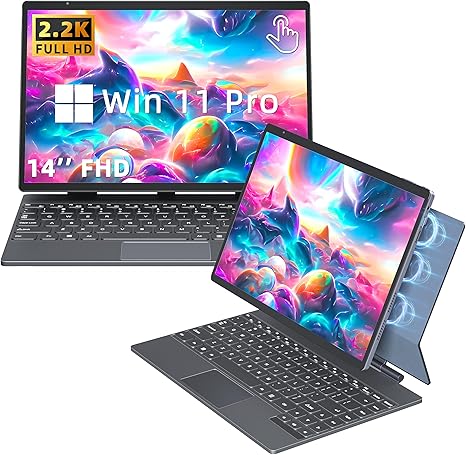 2-in-1 Laptop Convertible Tablet with Win 11/Office 2019, 14'' 2.2K TouchScreen, Magnetic Suspension Keyboard, 12th Alder Lake-N95, 16GB RAM, 1TB SSD, Webcam, Cooling Fan, Type-C