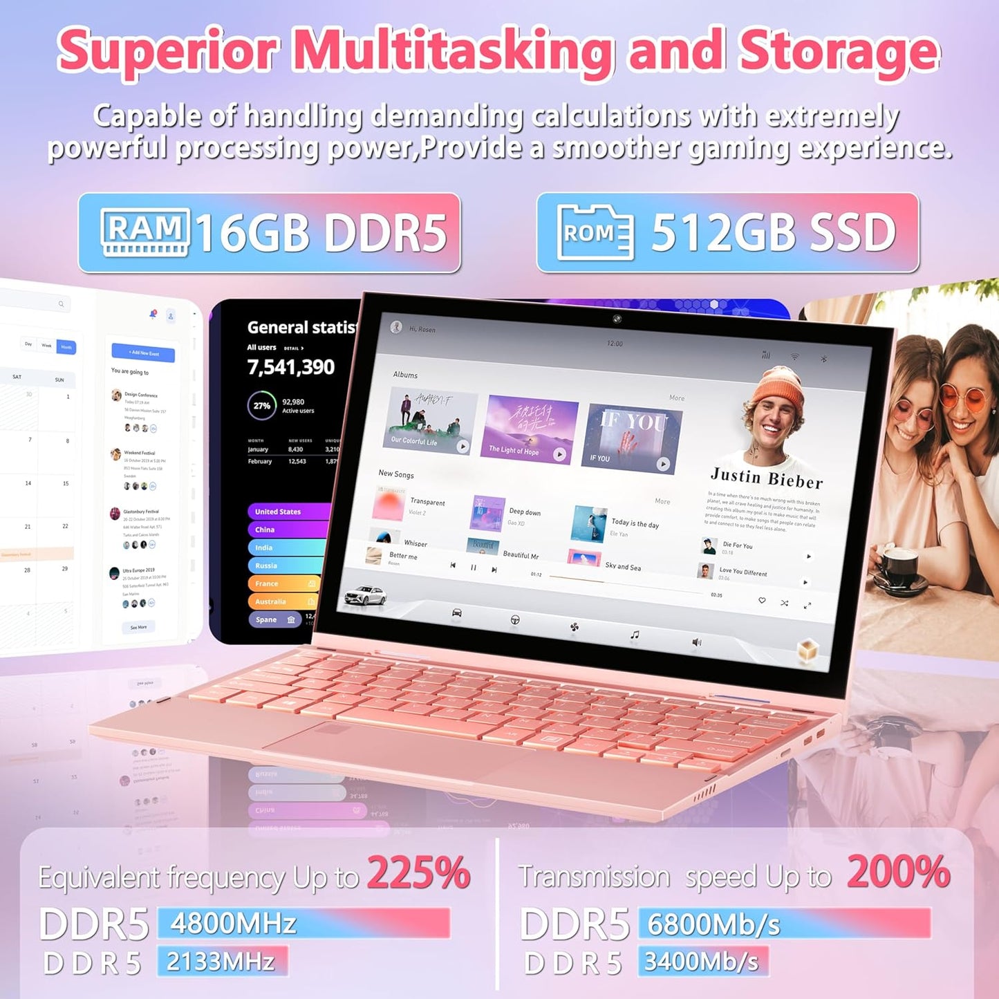 2-in-1 Mini Laptop: 10.95" 2K FHD IPS Touchscreen, In tel N95 CPU, 16GB DDR5 RAM, Ultra-Thin Metal Body, Win 11 PC, Full-Function Type-C, Cooling Fan, Fingerprint, Backlit Keyboard