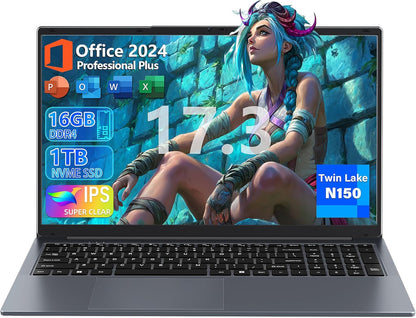 17.3-inch Business Laptop PC, in tel N150 CPU(Up to 3.6GHz) 16GB RAM 512 GB NVMe SSD,FHD IPS Large Screen,Win11 Pro,Backlit Keyboard,6000mAh Battery, HDMI, USB 3.0, Type-C, Wi-Fi