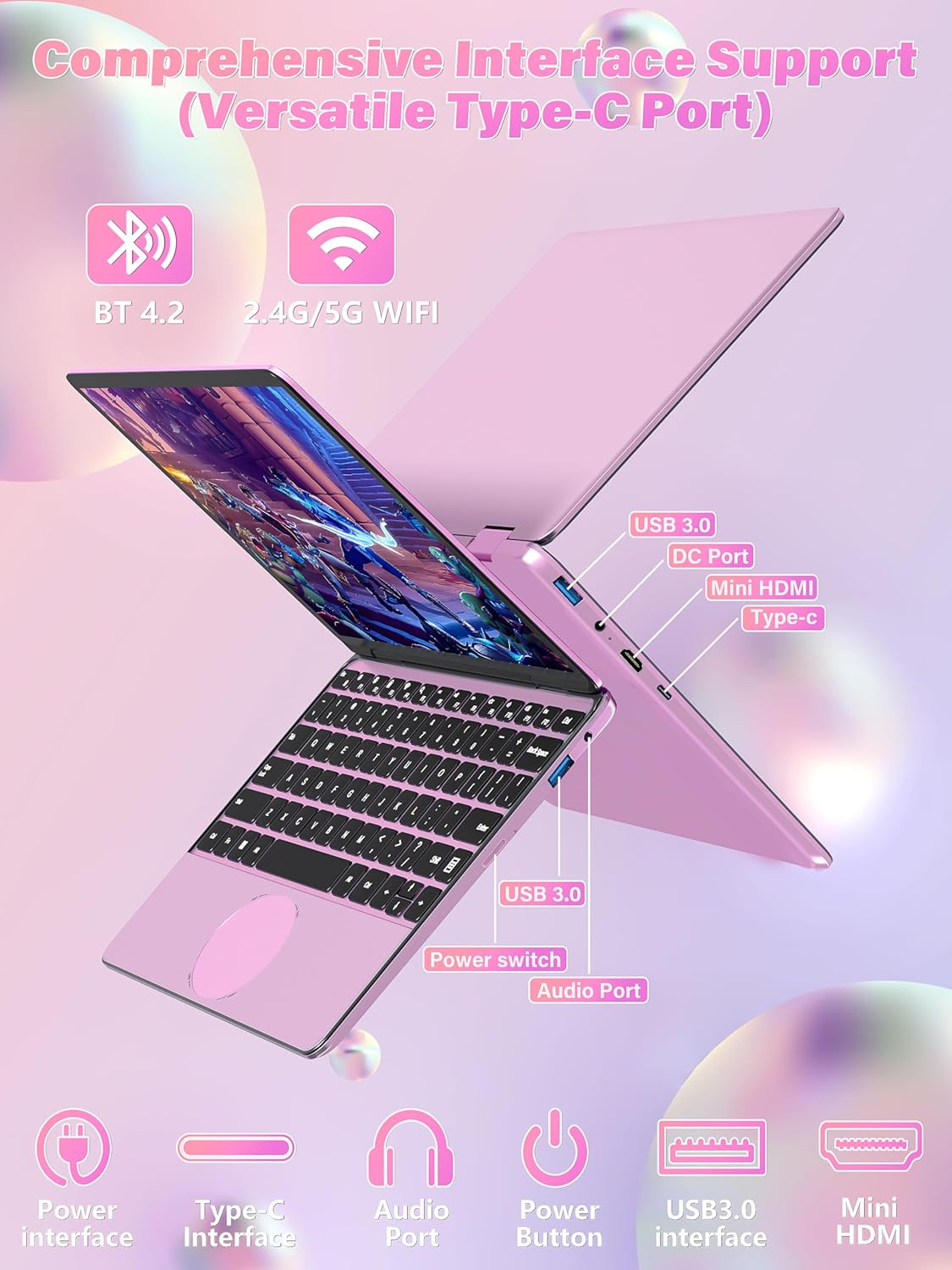 11" Touchscreen 2-in-1 Convertible Pink Laptop for Business&Students, In tel N100 CPU,16G DDR4 RAM,512G SSD,FHD 1920*1200 IPS,Win 11 Pro PC,Backlit keyboard, WiFi, Type-C,HDMI, Oval Trackpad