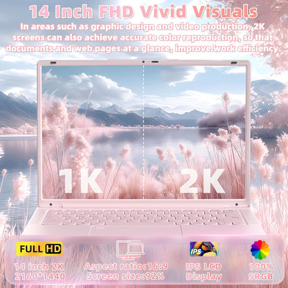 14''Pink Laptop 16GB DDR4 RAM 512GB SSD,2K UHD (2160 * 1440) IPS Display Laptop, In tel N150 CPU (Up to 3.6 Ghz) Win 11 Portable PC/WiFi 5,Type-C,3MP Camera,6000Mah,BT5.0,Fingerprint
