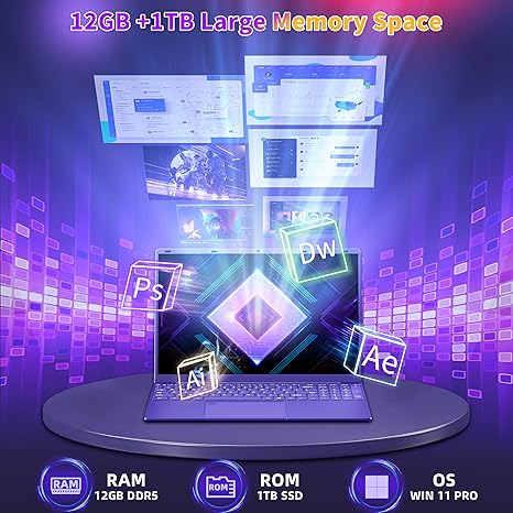 16" Purple Gaming Laptop 12G LPDDR5 RAM 256GB/512GB/1TB NVMe SSD Alder Lake N95 CP, 2K FHD(1920 * 1200) IPS Screen/Color Backlit KB/Fingerprint/Windows 11 PC for Game Work Study