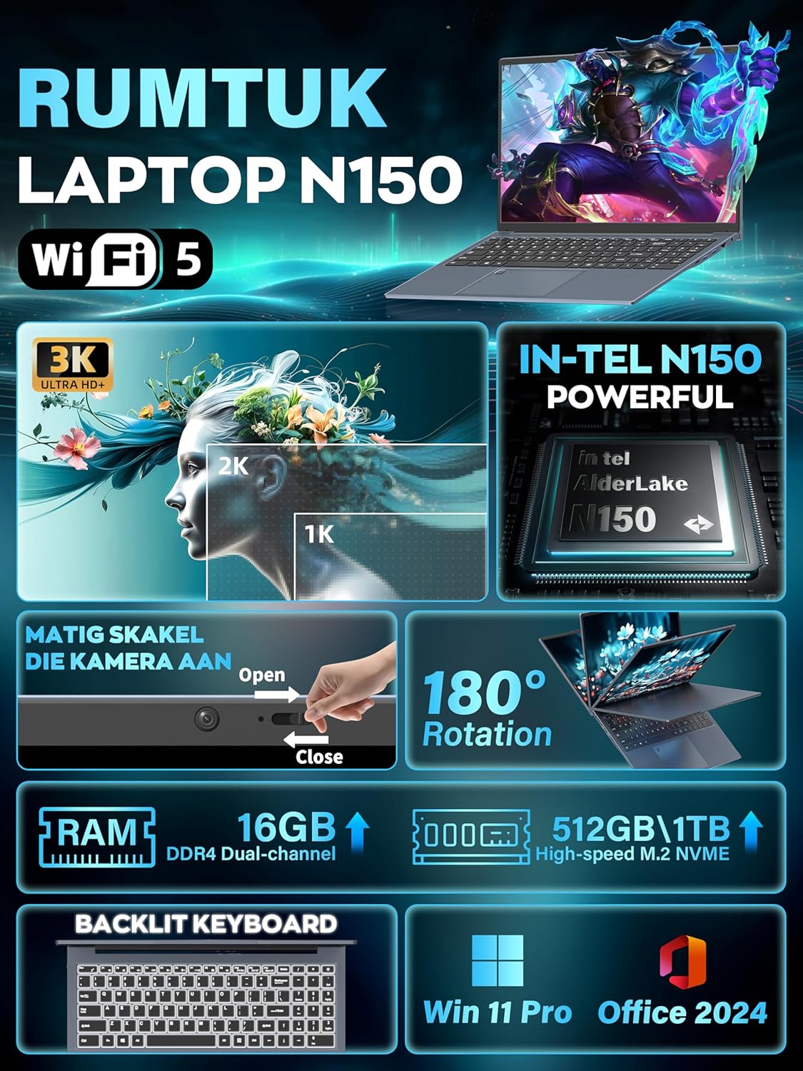 Rumtuk 16" 3K Business and Student Laptop, 512GB NVME SSD 16GB RAM,  Win 11 Pro with Office 2024, In tel 4-Core Up to 3.6GHz, Fingerprint, Backlit KB, Webcam, HDMI, USB-C, RJ45, Long Battery Life