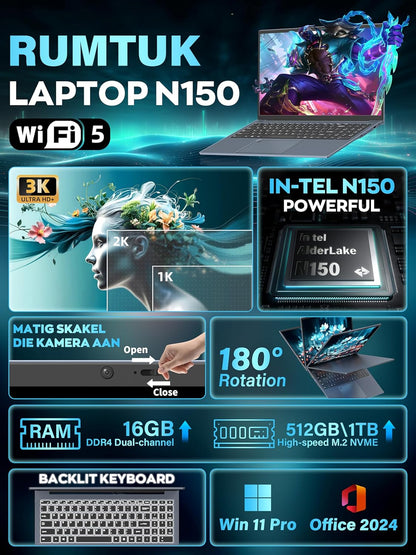 Rumtuk 16" 3K Business and Student Laptop, 512GB NVME SSD 16GB RAM,  Win 11 Pro with Office 2024, In tel 4-Core Up to 3.6GHz, Fingerprint, Backlit KB, Webcam, HDMI, USB-C, RJ45, Long Battery Life