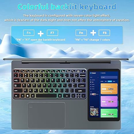 Dual Screen Laptop 15.6"LCD Screen + 7" Touch Screen Computer 16GB RAM 1TB SSD Alder Lake-N100 (up to 3.4GHz) /Student & Business Portable PC with Color Backlight KB,TypeC,Windows 11 Pro