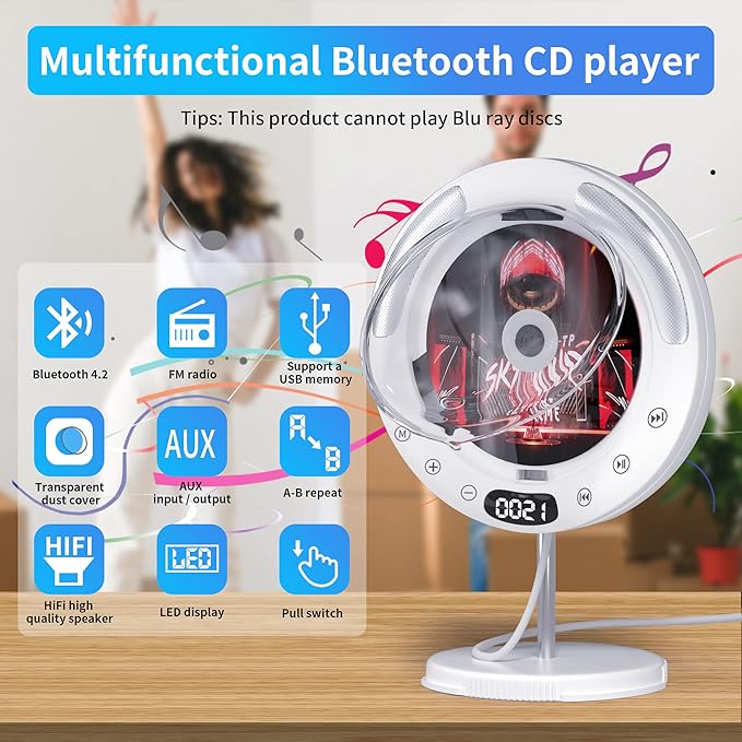 Rumtuk New Stand & Wall Mounted Portable CD Player with Bluetooth, High-Fidelity Dual Speaker, FM Radio, USB, CD, AUX Playback - Pull Wire Switch Design