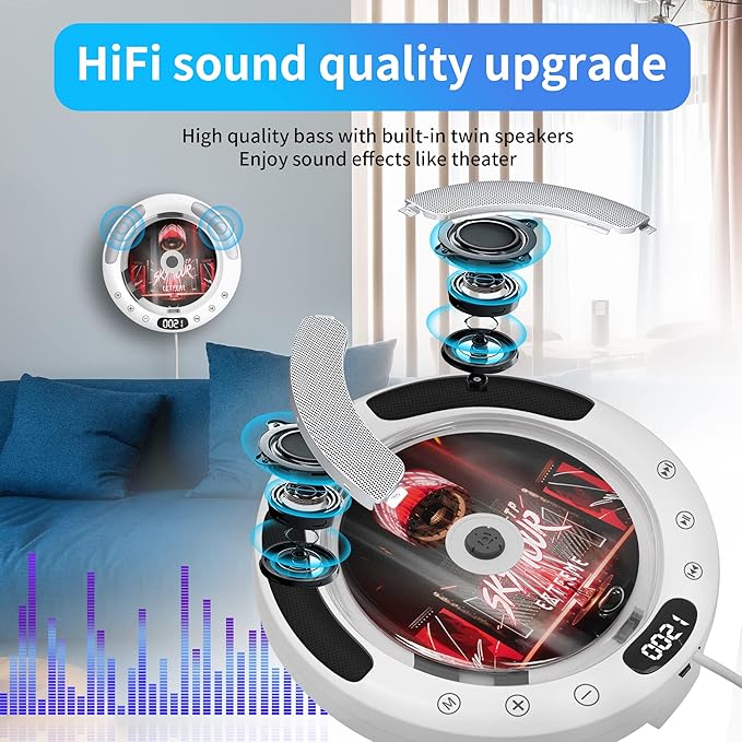 Rumtuk New Stand & Wall Mounted Portable CD Player with Bluetooth, High-Fidelity Dual Speaker, FM Radio, USB, CD, AUX Playback - Pull Wire Switch Design