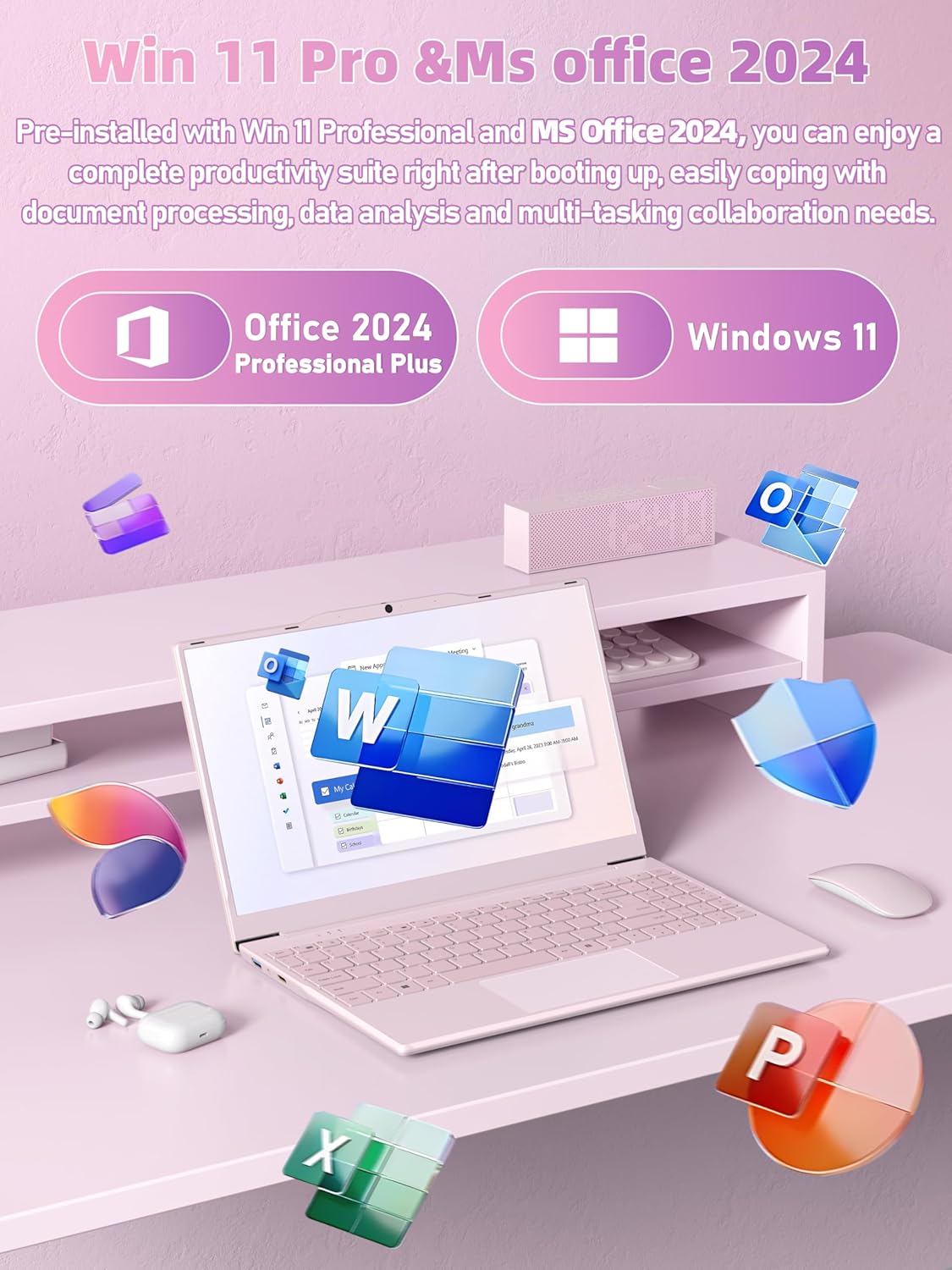 14" Pink Portable Laptop Computer, Office 2024, N5095 CPU,8GB RAM(Up to 64GB Expansion),256GB NVMe SSD,1920P FHD IPS Display,Win 11 Pro,Numeric Keypad,2.4/5G WiFi,BT4.2,for Student and Business