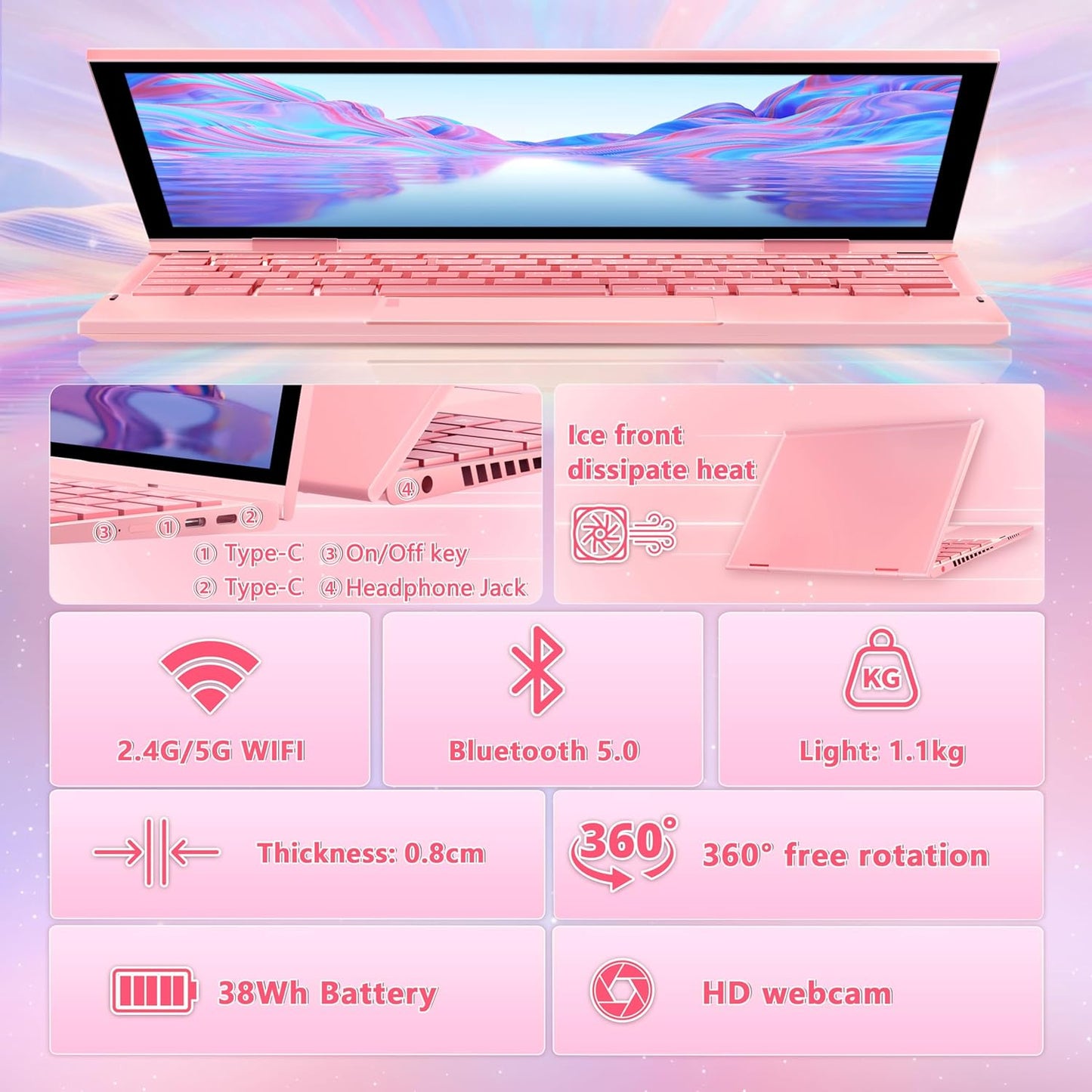 2-in-1 Mini Laptop: 10.95" 2K FHD IPS Touchscreen, In tel N95 CPU, 16GB DDR5 RAM, Ultra-Thin Metal Body, Win 11 PC, Full-Function Type-C, Cooling Fan, Fingerprint, Backlit Keyboard