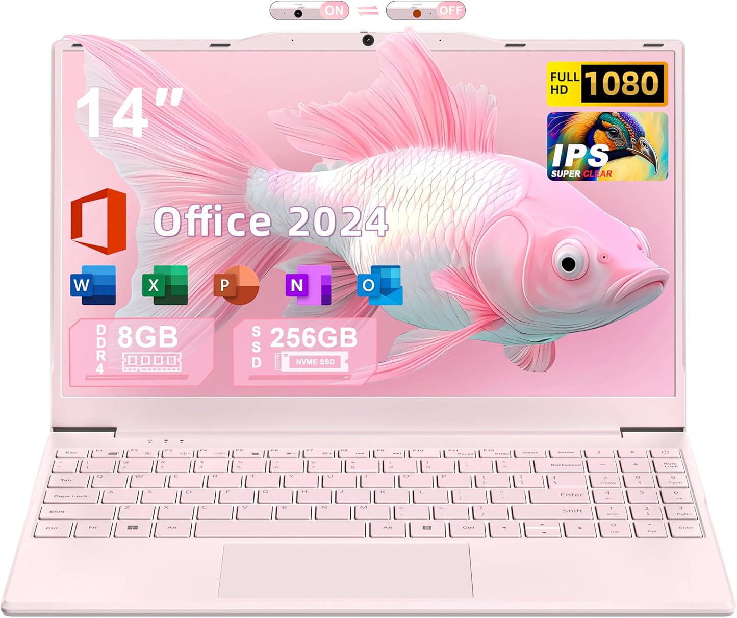 14" Pink Portable Laptop Computer, Office 2024, N5095 CPU,8GB RAM(Up to 64GB Expansion),256GB NVMe SSD,1920P FHD IPS Display,Win 11 Pro,Numeric Keypad,2.4/5G WiFi,BT4.2,for Student and Business