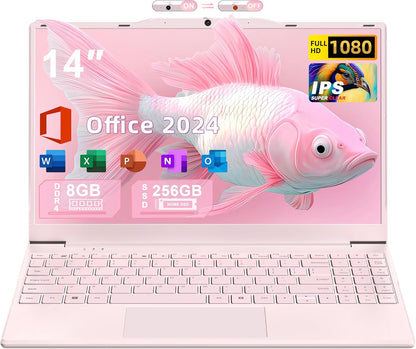 14" Pink Portable Laptop Computer, Office 2024, N5095 CPU,8GB RAM(Up to 64GB Expansion),256GB NVMe SSD,1920P FHD IPS Display,Win 11 Pro,Numeric Keypad,2.4/5G WiFi,BT4.2,for Student and Business