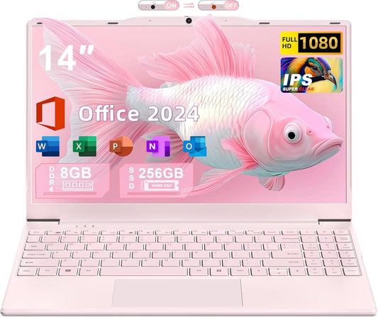 14" Pink Portable Laptop Computer, N5095 CPU,8GB RAM(Up to 64GB Expansion),256GB NVMe SSD,1920P FHD IPS Display,Win 11 Pro,Numeric Keypad,2.4/5G WiFi,BT4.2,for Student and Business