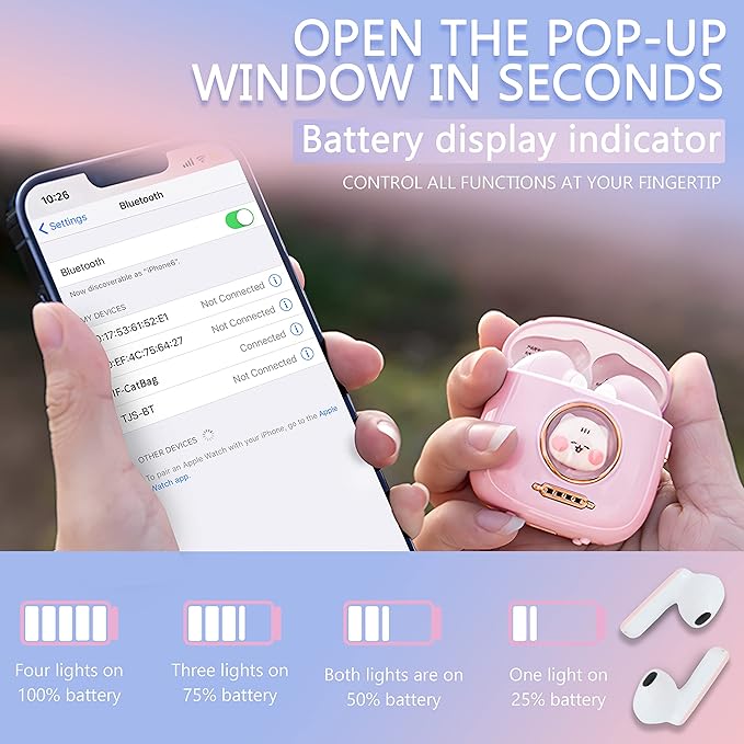 Rumtuk Wireless Earbuds BT 5.1 In-Ear with Cute Cat Bag Charging Case, Type-C Charging, ENC Noise Reduction, Dual Microphones, Fingerprint Touch, Auto Pairing - Gift for Girls