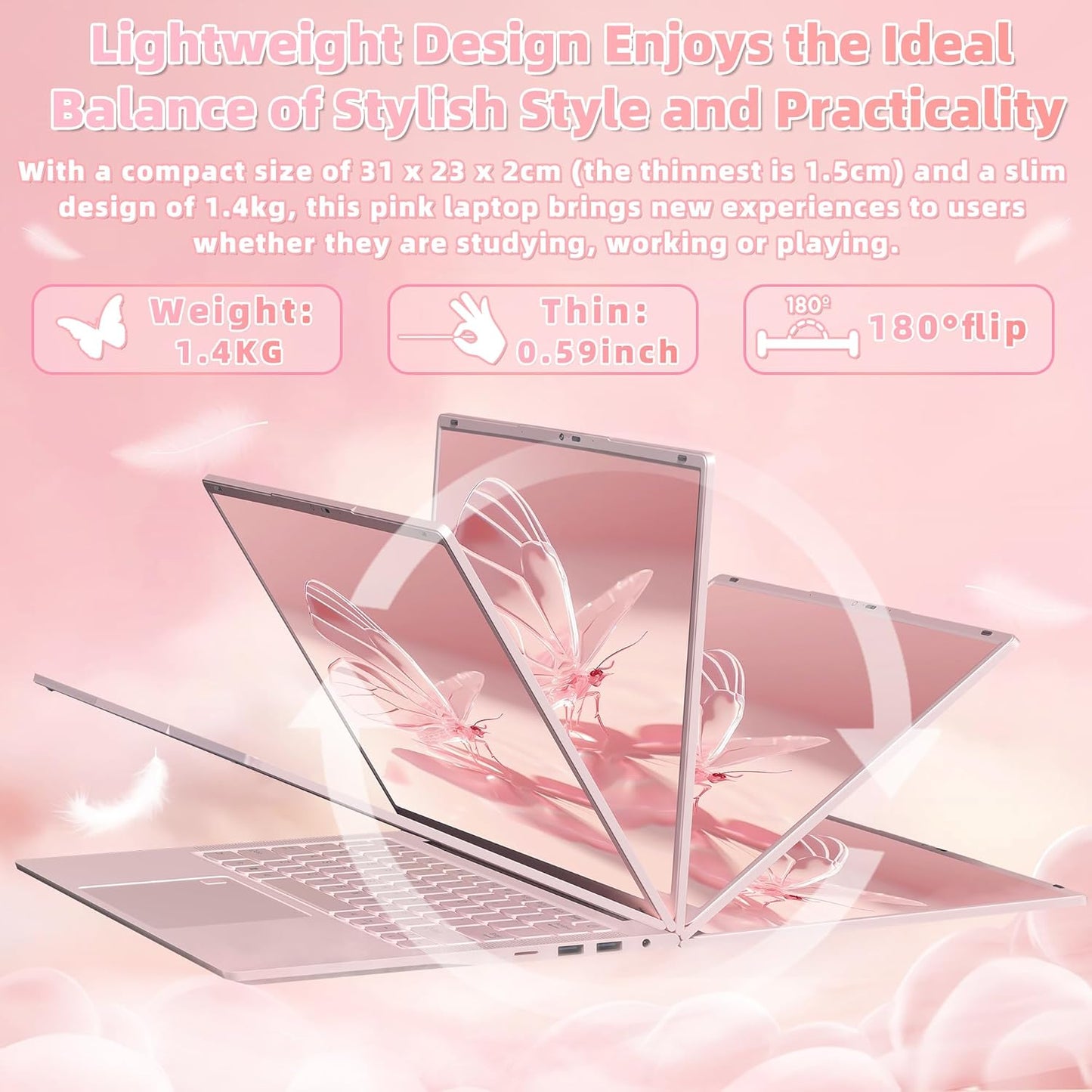14''Pink Laptop 16GB DDR4 RAM 512GB SSD,2K UHD (2160 * 1440) IPS Display Laptop, In tel N150 CPU (Up to 3.6 Ghz) Win 11 Portable PC/WiFi 5,Type-C,3MP Camera,6000Mah,BT5.0,Fingerprint