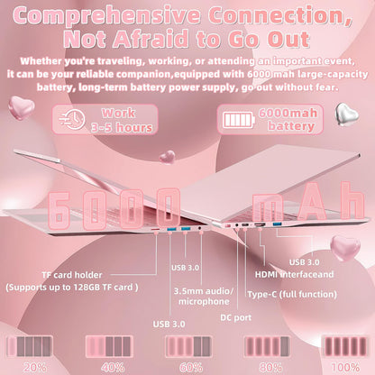 14''Pink Laptop 16GB DDR4 RAM 512GB SSD,2K UHD (2160 * 1440) IPS Display Laptop, In tel N150 CPU (Up to 3.6 Ghz) Win 11 Portable PC/WiFi 5,Type-C,3MP Camera,6000Mah,BT5.0,Fingerprint