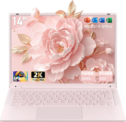 14''Pink Laptop 16GB DDR4 RAM 512GB SSD,2K UHD (2160 * 1440) IPS Display Laptop, In tel N150 CPU (Up to 3.6 Ghz) Win 11 Portable PC/WiFi 5,Type-C,3MP Camera,6000Mah,BT5.0,Fingerprint
