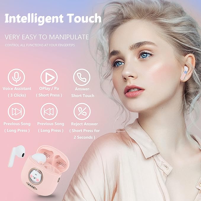 Rumtuk Wireless Earbuds BT 5.1 In-Ear with Cute Cat Bag Charging Case, Type-C Charging, ENC Noise Reduction, Dual Microphones, Fingerprint Touch, Auto Pairing - Gift for Girls