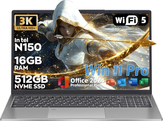 Rumtuk 16" 3K Business and Student Laptop, 512GB NVME SSD 16GB RAM,  Win 11 Pro with Office 2024, In tel 4-Core Up to 3.6GHz, Fingerprint, Backlit KB, Webcam, HDMI, USB-C, RJ45, Long Battery Life