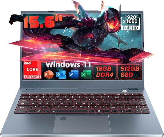15.6''Gaming Laptop Intel Core i7-9750H (6C/12T) 16GB DDR4 RAM 512GB NVMe SSD Laptop,Win11 Pro PC,1920 * 1080 FHD IPS Display,BT4.2,WiFi 5,Type-C,6000Mah Battery